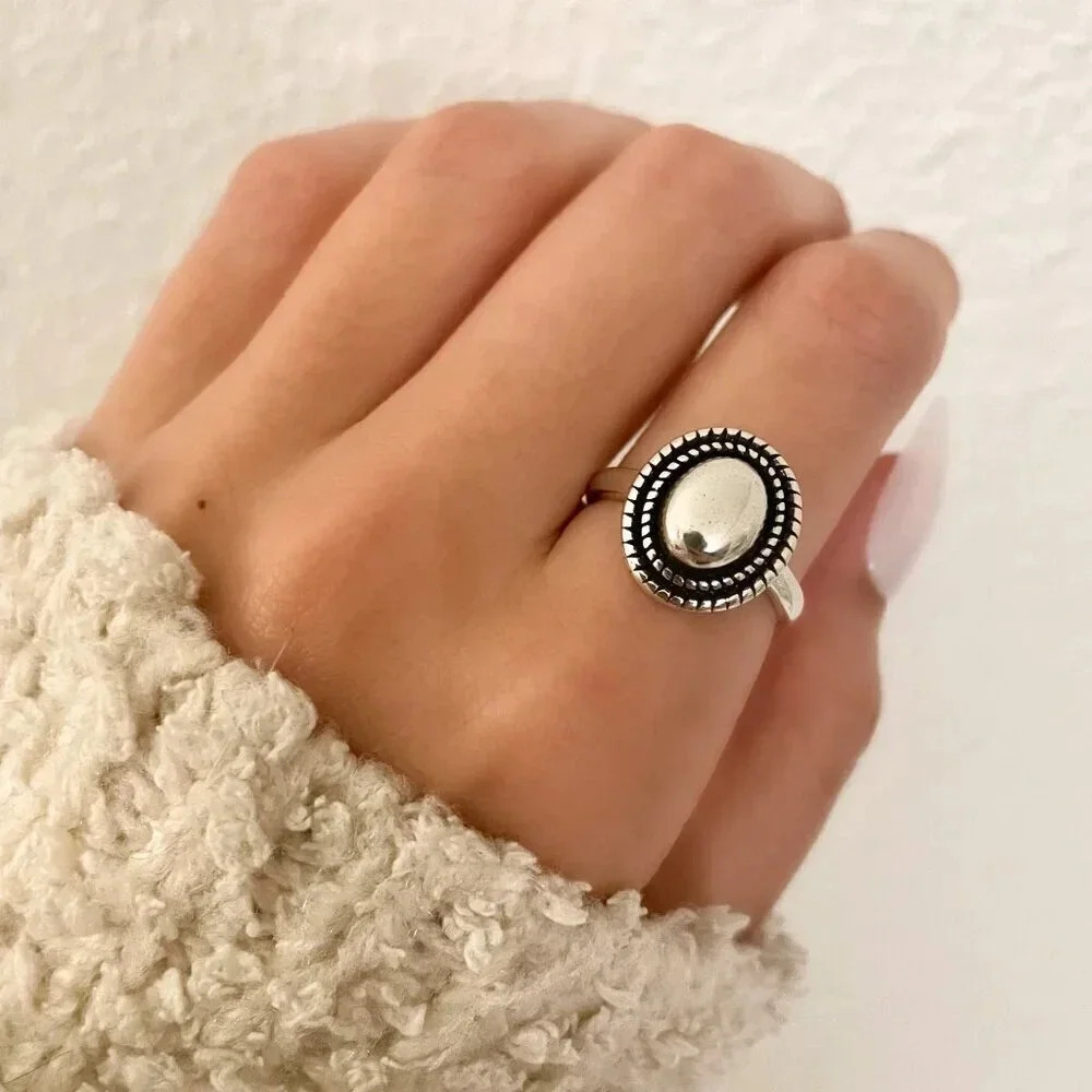 925 Sterling Silver Oval Ring Vintage Ring Geometric Round Circle Ring